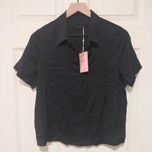 NWT-Quince Washable Stretch Silk Black Short Sleeve Button Up Blouse! Sz. S (H8)